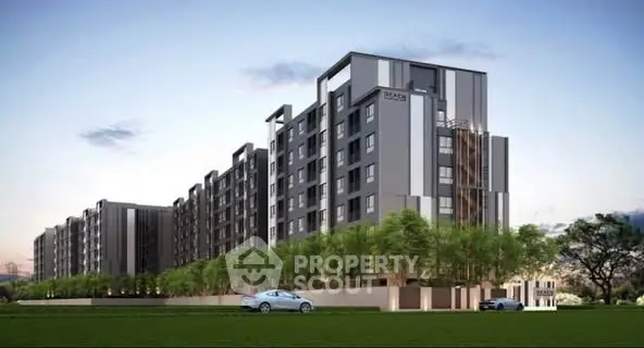 Modern apartment building with sleek design and lush greenery