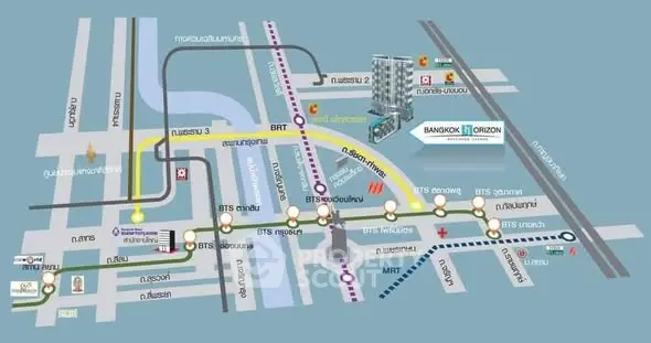 Map showcasing Bangkok Horizon condo location near BTS and MRT stations.