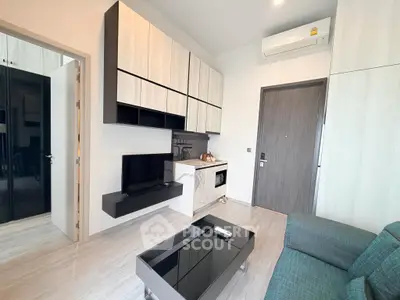 Modern living room with sleek furniture and built-in storage