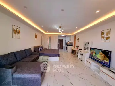 Spacious modern living room with elegant decor and cozy seating area