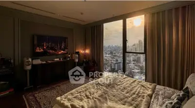 Luxurious bedroom with stunning city view, featuring elegant decor and large windows for natural light.