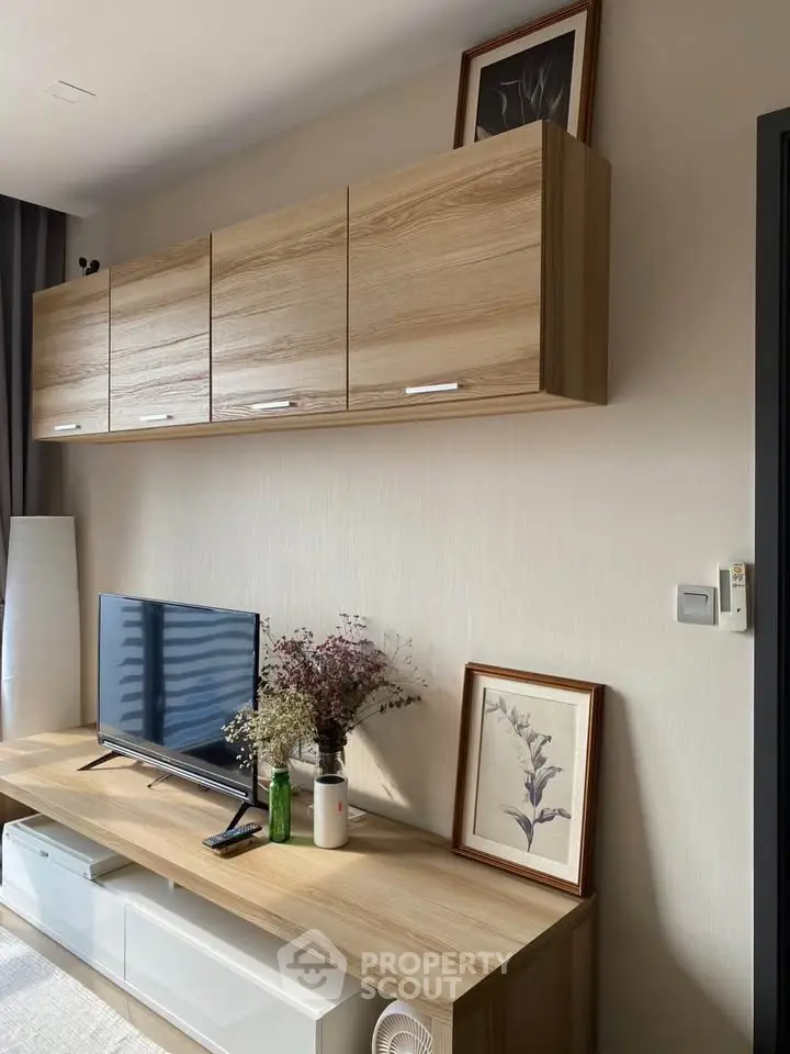 Modern living room with wooden cabinets and stylish decor