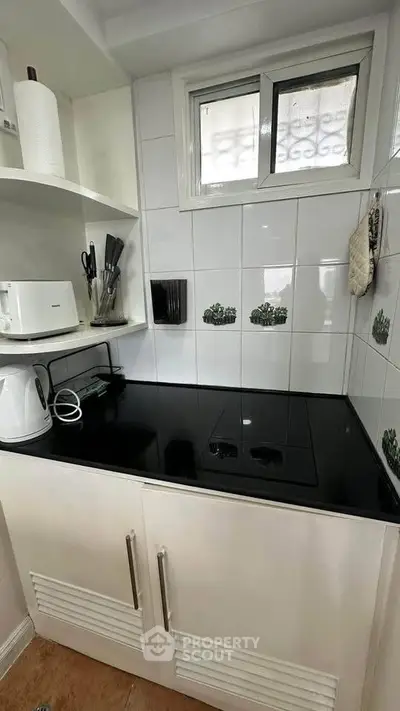 Compact kitchen with sleek black countertop and modern appliances in cozy apartment.