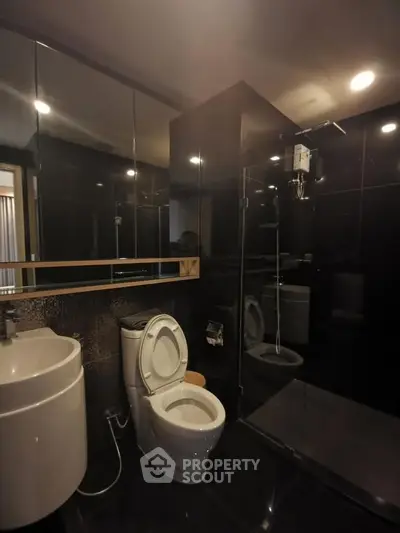 Luxurious modern bathroom with sleek black tiles and elegant fixtures.