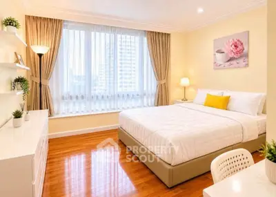 Bright and cozy bedroom with large window and elegant decor in modern apartment.