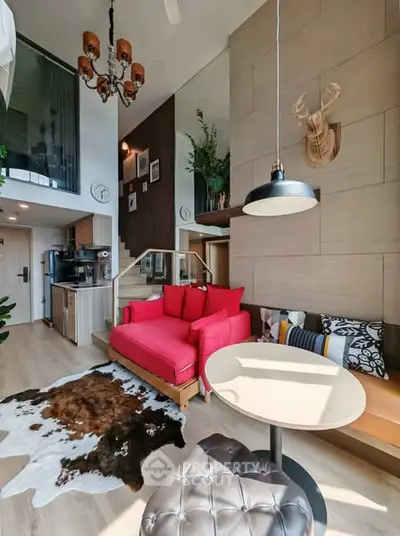 Stylish modern living room with high ceiling and vibrant decor