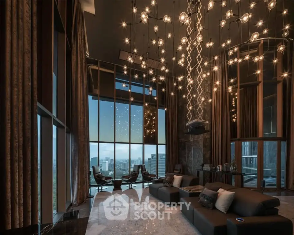 Luxurious high-rise living room with floor-to-ceiling windows and stunning city views.