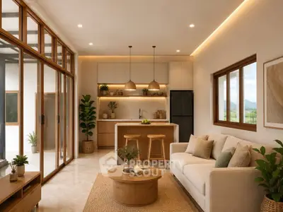 Modern open-plan living room and kitchen with natural light and stylish decor
