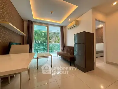 Modern living room with sleek design and balcony view