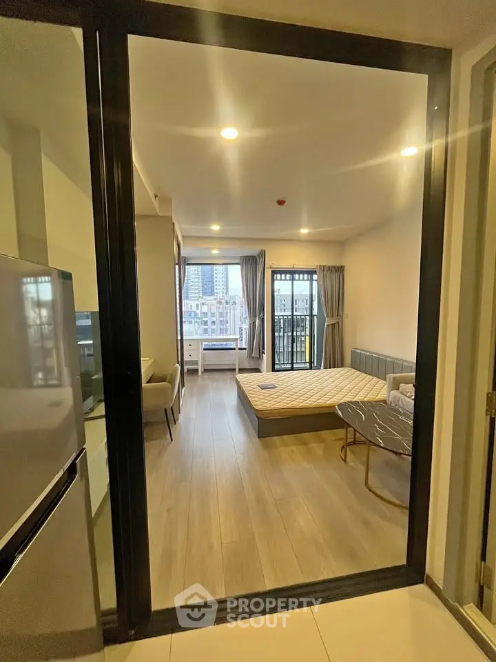 Modern studio apartment with open layout and city view