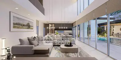 Luxurious modern living room with floor-to-ceiling windows and pool view, featuring elegant decor and spacious seating.