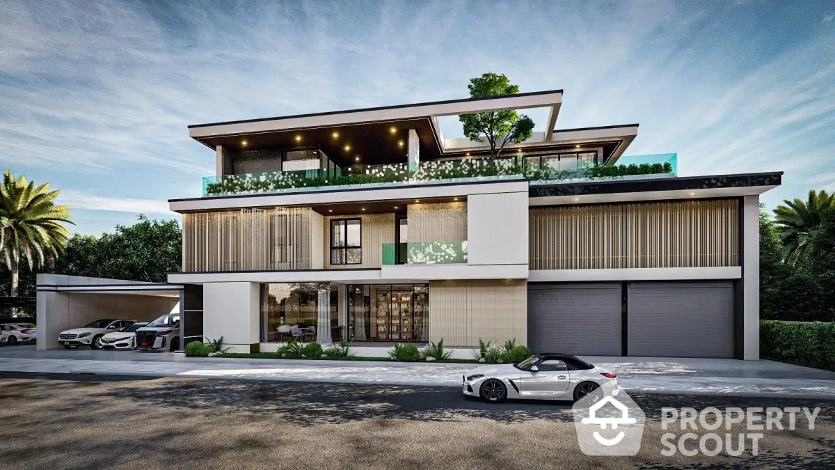 Luxurious modern villa with sleek design and spacious balconies, featuring a stylish exterior and lush greenery.