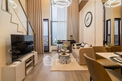 Luxurious modern living room with high ceilings and elegant decor