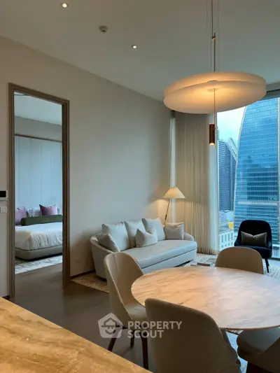 Luxurious modern living room with city view and elegant dining area