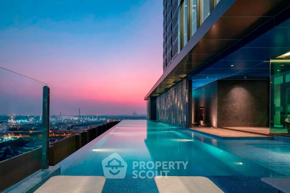 Luxurious rooftop infinity pool with stunning city skyline view at sunset.