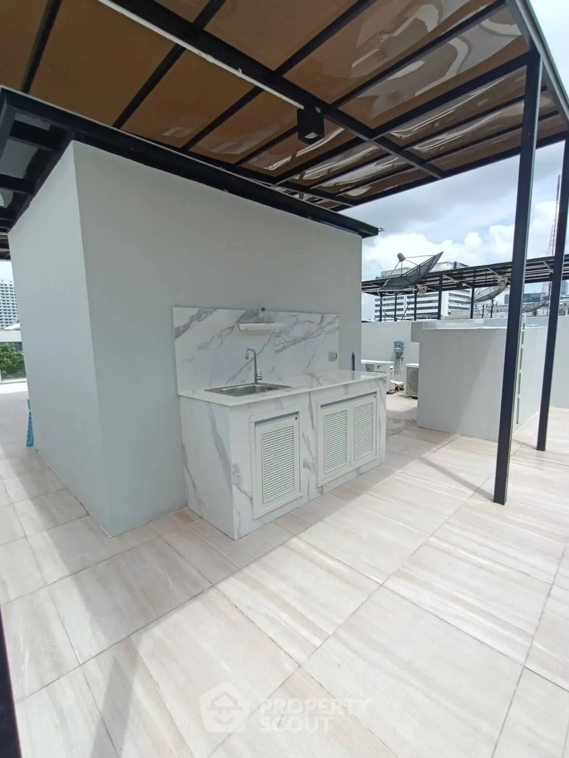 Modern rooftop with sleek outdoor kitchen and city views