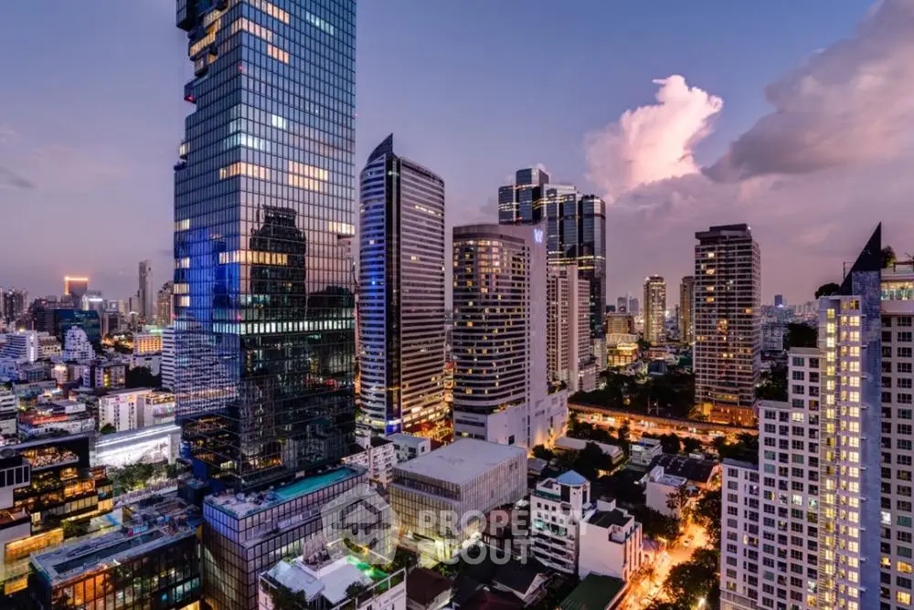 Stunning cityscape view with modern skyscrapers at dusk, showcasing urban living and architectural elegance.