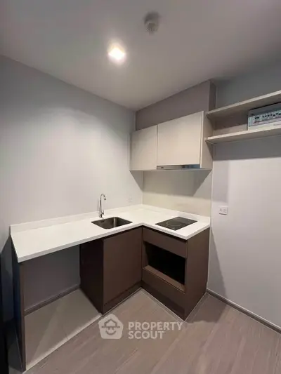 Modern compact kitchen with sleek cabinetry and electric cooktop in a minimalist design.
