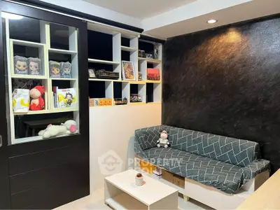 Cozy living room with modern decor and built-in shelving