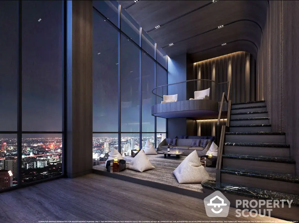 Luxurious multi-level penthouse with floor-to-ceiling windows offering panoramic city views, featuring a sleek spiral staircase and modern furnishings.