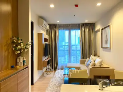 Modern living room with cozy sofa and city view balcony