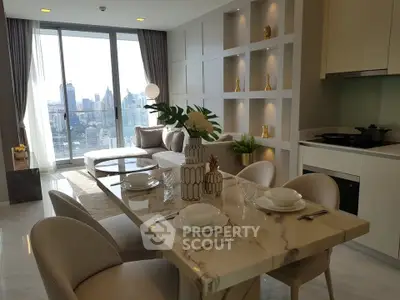 Luxurious modern living room with dining area and stunning city view in high-rise apartment.