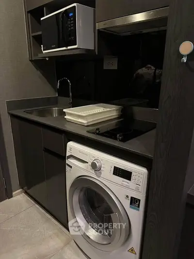Compact modern kitchen with washing machine and microwave in sleek design.
