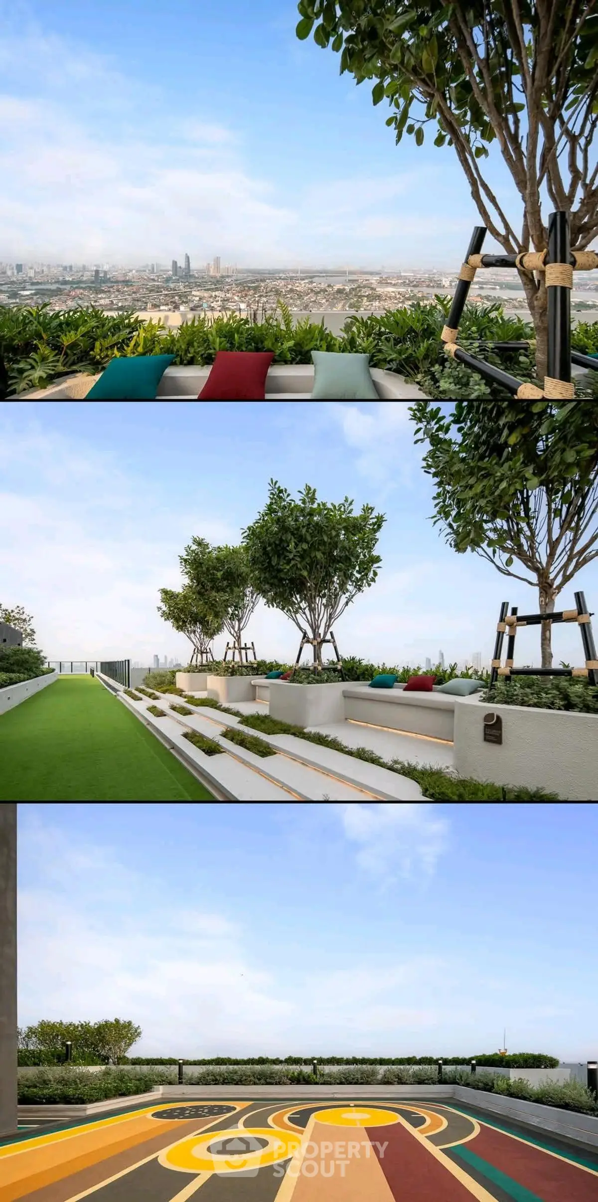 Stunning rooftop garden with panoramic city views and vibrant seating area.