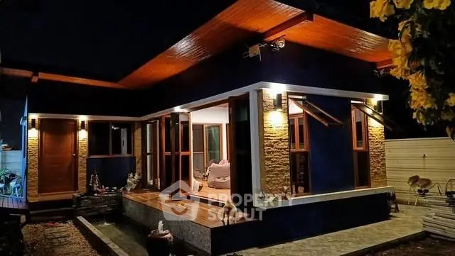Modern single-story home with stylish exterior lighting and wooden accents at night.