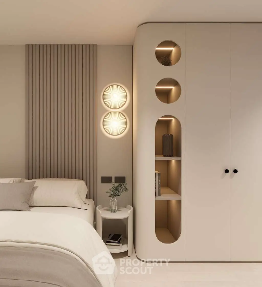 Modern bedroom with stylish built-in wardrobe and cozy lighting