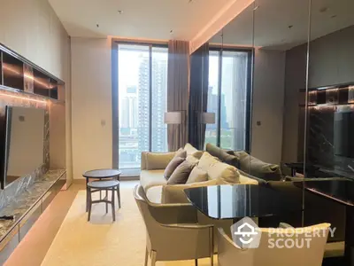 Luxurious modern living room with city view, elegant furnishings, and ample natural light.