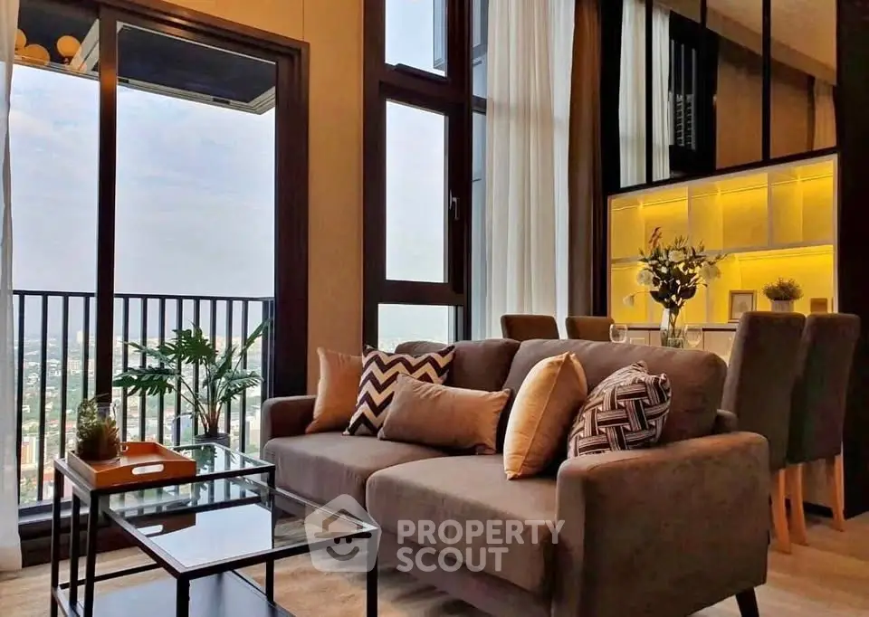Luxurious living room with stunning city view and elegant decor