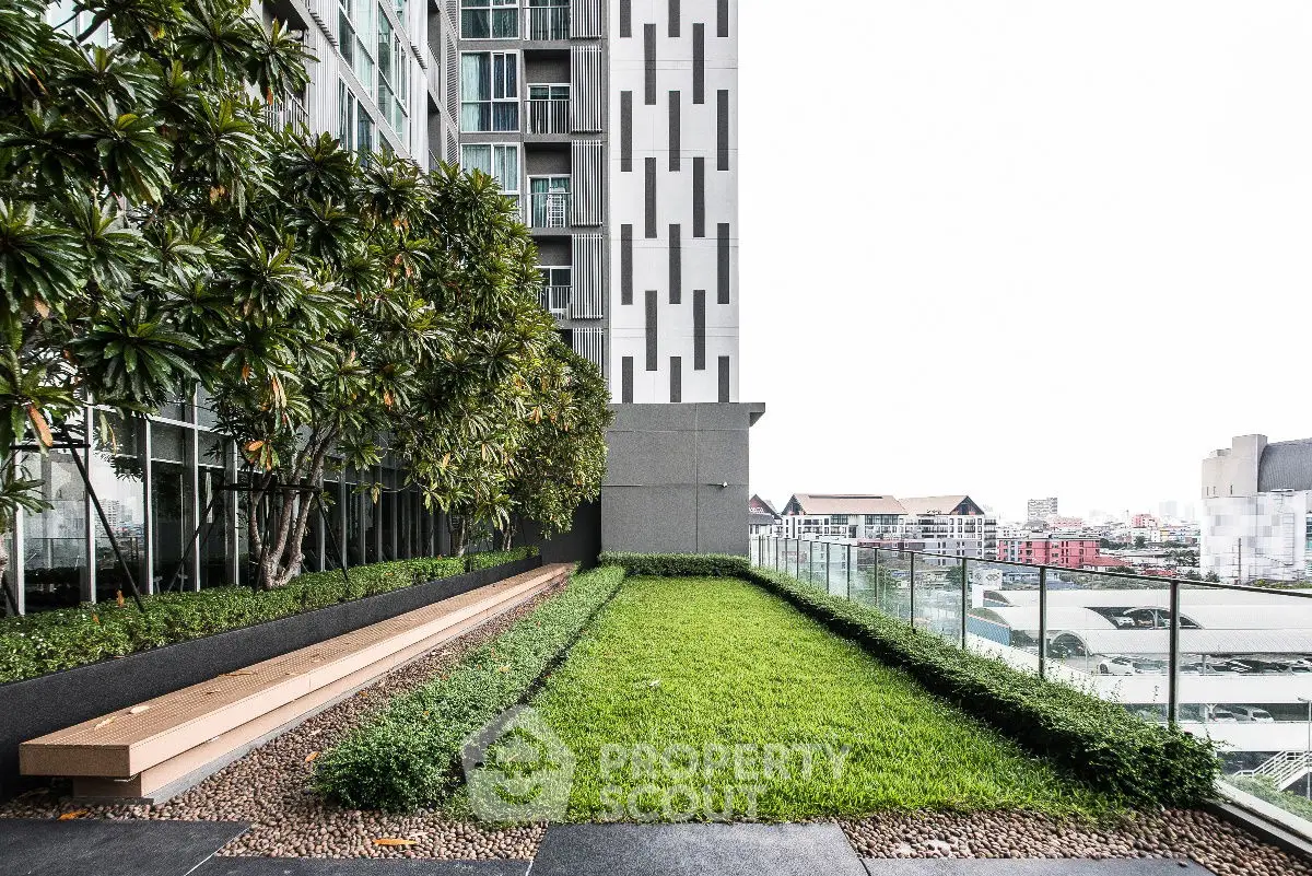 Luxurious urban garden with stunning city views and modern architecture.