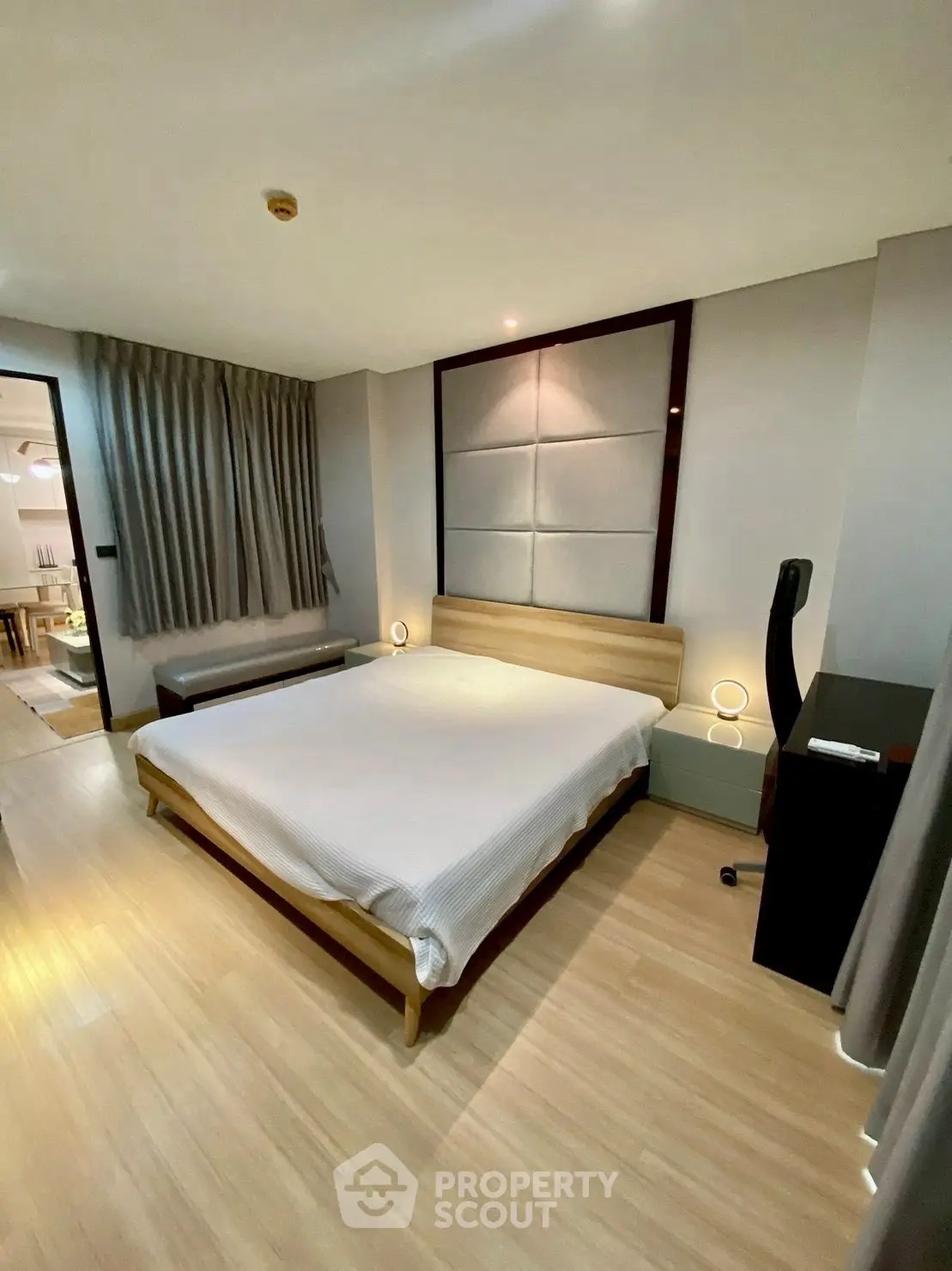 Modern bedroom with stylish decor and cozy ambiance