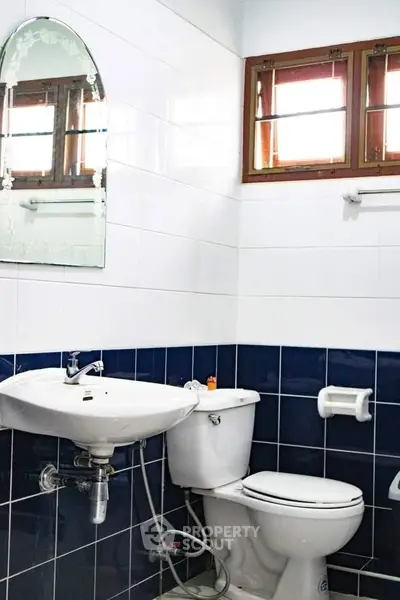 Charming bathroom with classic blue and white tiles, featuring a sleek sink and modern toilet.