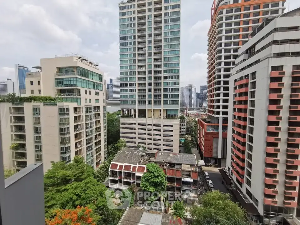 Stunning urban skyline view from high-rise apartment balcony in vibrant city center.