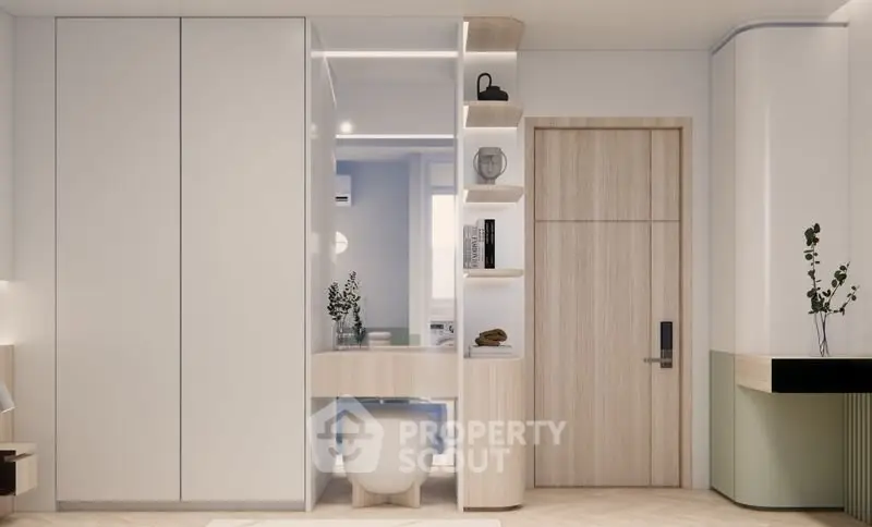 Modern minimalist interior with sleek storage and elegant decor