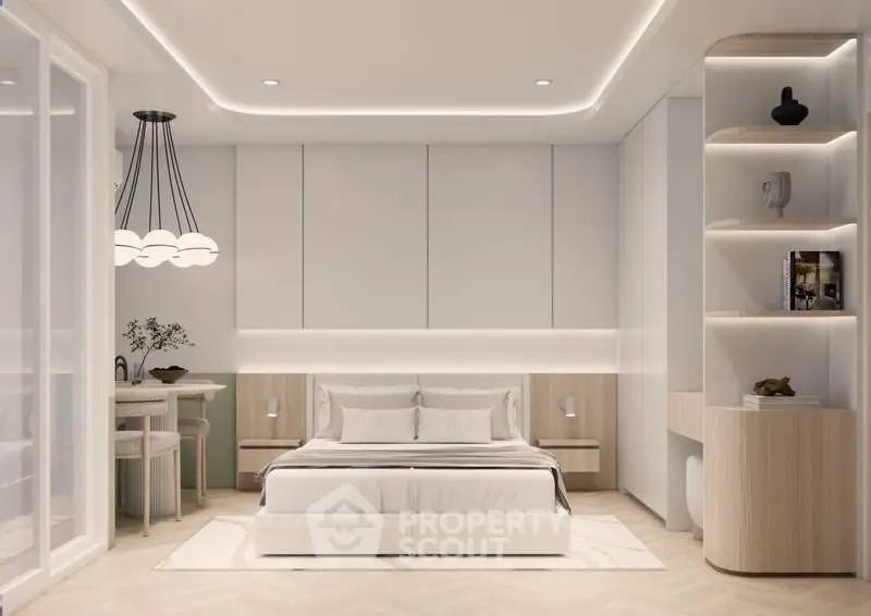 Luxurious modern bedroom with elegant lighting and minimalist design.