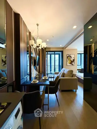 Luxurious modern living room with elegant dining area and stunning city view.