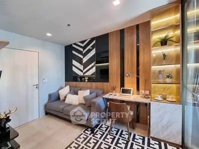 Modern living room with stylish decor and cozy workspace