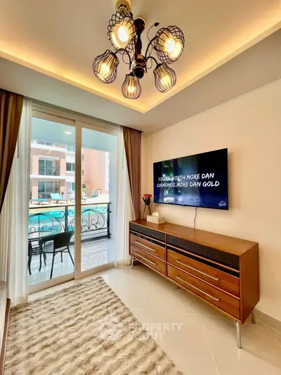 Stylish living room with pool view and modern decor