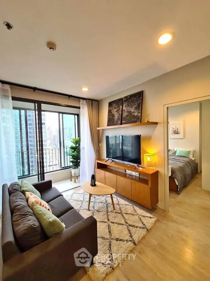 Modern living room with city view and cozy decor