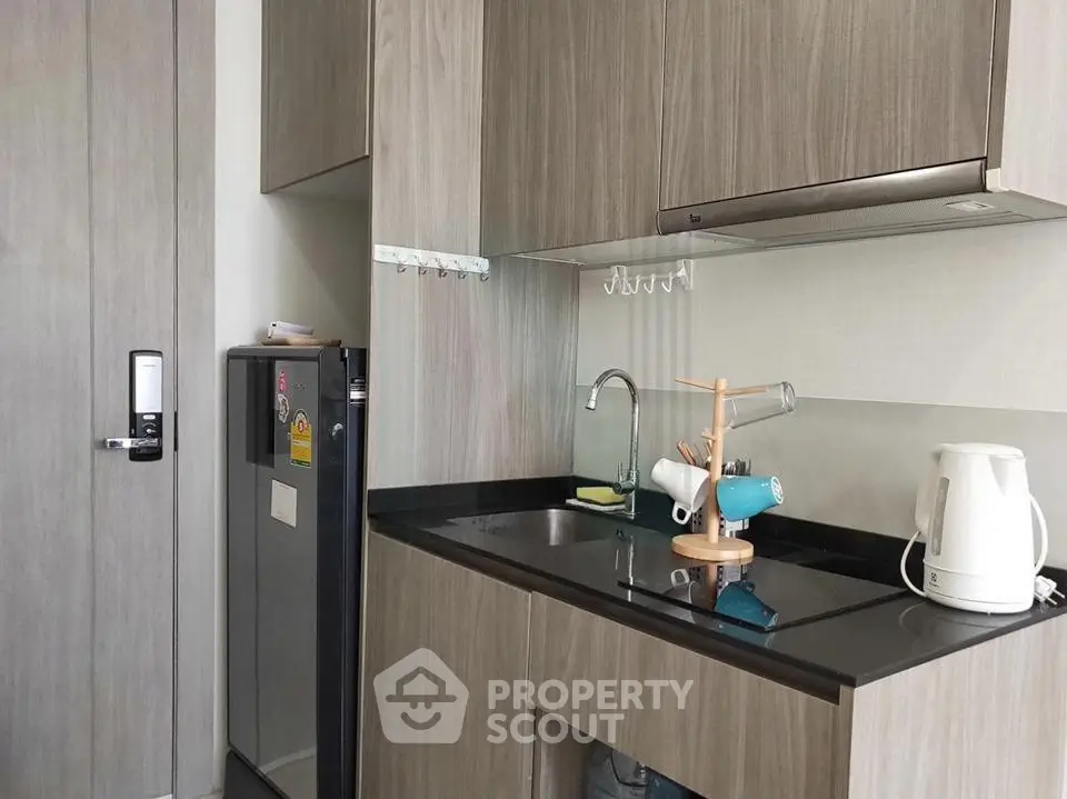 Modern compact kitchen with sleek cabinetry and appliances in a stylish apartment.