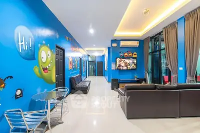 Vibrant living room with colorful wall art and modern furnishings