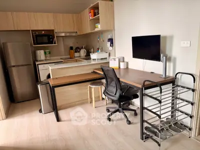 Modern kitchen with open layout and workspace in stylish apartment.