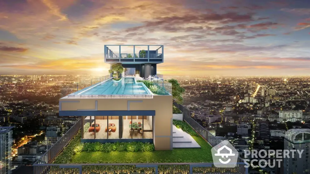 Stunning rooftop pool with panoramic city views at sunset