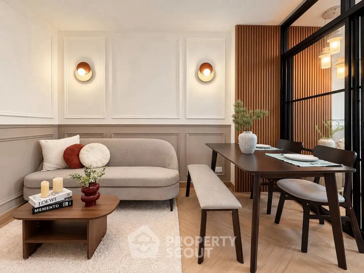 Stylish living room with modern furniture and elegant dining area