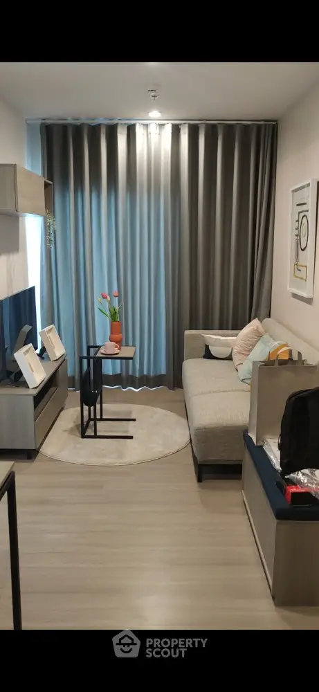 Modern living room with stylish decor and cozy seating area