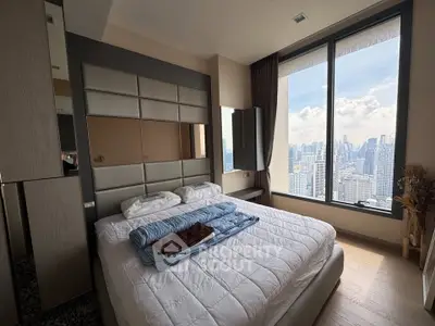 Luxurious bedroom with stunning city view and modern decor