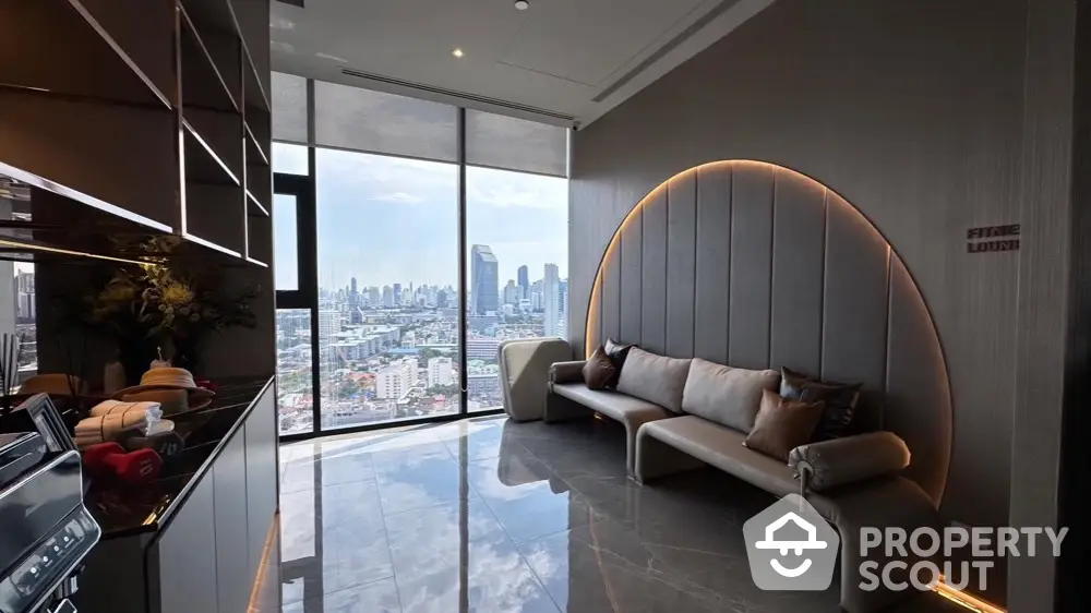 Luxurious living room with panoramic city view and modern interior design